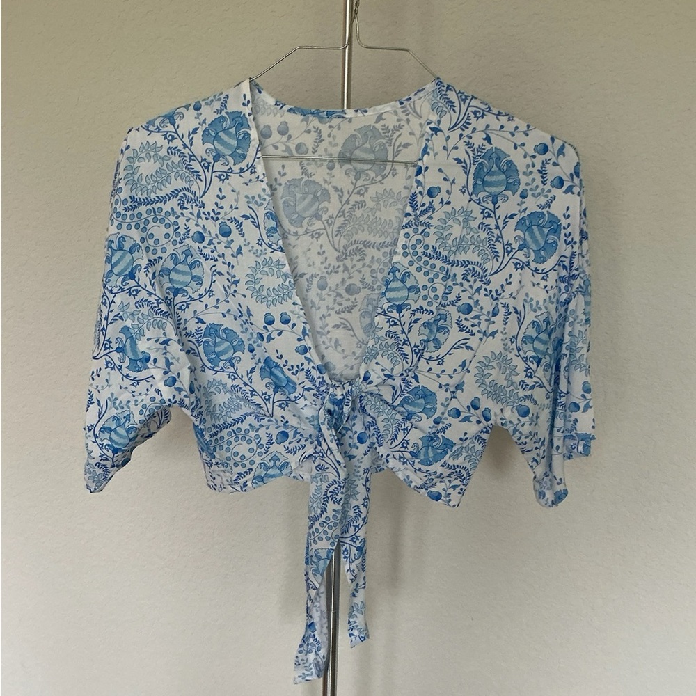 Toluca Blue Floral Tie-Front Blouse